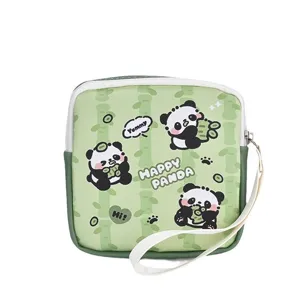 Cute cartoon panda print portable storage pouch, green canvas cosmetic bag with wrist strap.