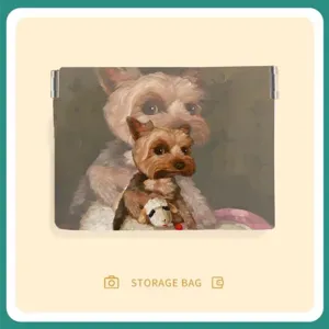 Detail view of the mini coin purse and cable organizer bag featuring a cute pet oil painting.
