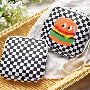 Sac Cosmétique en Cuir PU Portable Imprimé Burger Damier Mignon Pochette de Rangement Carrée Pour Voyage Maquillage Serviettes Hygiéniques