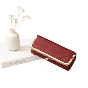 Genuine leather kiss-lock glasses case portable retro sunglasses storage pouch red main image