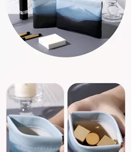 Portable mini makeup pouch with auto-squeeze closure, waterproof cosmetic storage bag for lipstick.