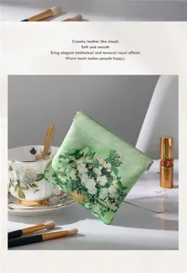 Green floral print makeup bag portable cosmetic pouch stylish leather organizer for women