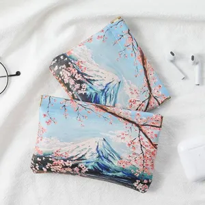 PU Leather Cosmetic Bag Portable Waterproof Makeup Pouch Mini Storage Bag Cherry Blossom Print Toiletry Bag For Women