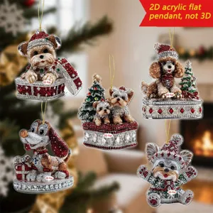 2D acrylic Christmas dog hanging ornament, flat crystal rhinestone puppy holiday decor