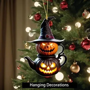 Acrylic 2D Halloween pumpkin witch hat teapot hanging ornament detail view showcasing festive decor.