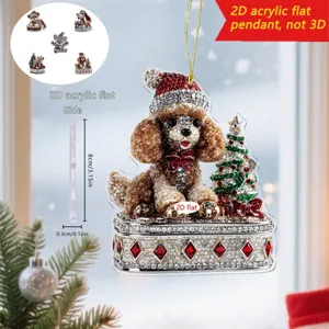 2D acrylic Christmas pendant with rhinestone poodle dog and tree design, 8cm holiday hanging decor.
