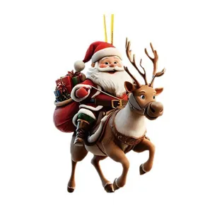 Christmas tree acrylic hanging ornament featuring a cheerful Santa Claus riding a reindeer.