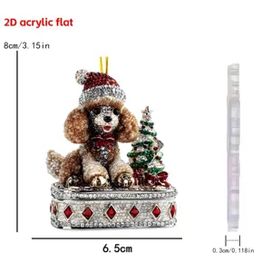 2D acrylic rhinestone Christmas poodle ornament with tree design, 8cm festive decor.