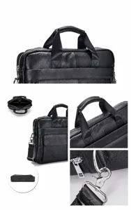 Close-up of black leather business briefcase detailing fine stitching and durable metal hardware.