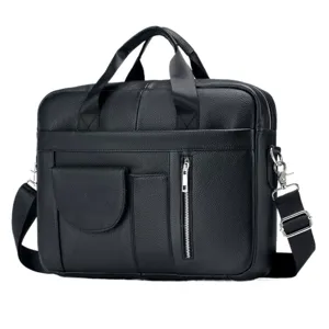 Detailed view of black leather business briefcase with zipper pockets and shoulder strap.