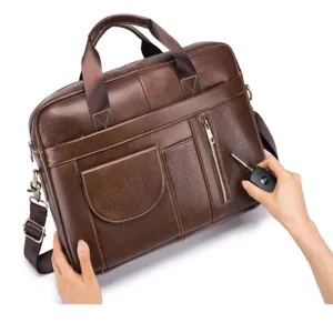 Men's genuine leather business briefcase brown shoulder bag large capacity laptop bag.