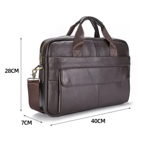 Genuine leather men business briefcase detail, brown shoulder messenger bag with dimensions.