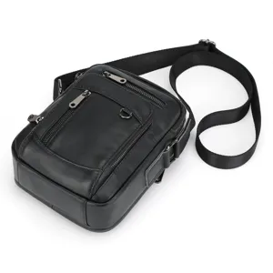 Black genuine leather men cross-body shoulder bag with multi-pocket design for daily business.