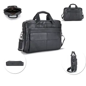 Leather briefcase detail view showing multiple angles, black color, zippers and shoulder strap.