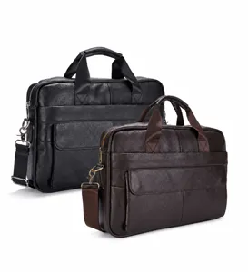 Genuine leather men business briefcase laptop shoulder bag casual messenger bag details.