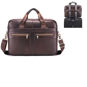 Detail view of men genuine leather business briefcase laptop bag in dark brown with trolley sleeve.