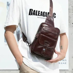 Bolso de Pecho de Cuero Genuino para Hombre Vintage Cera de Aceite Bandolera Casual Bolsillos Múltiples Viaje de Negocios