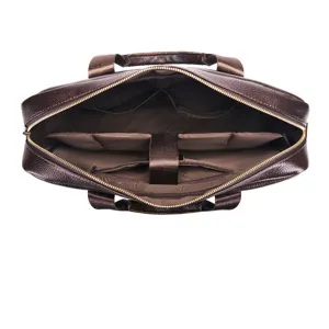 Detail view of brown leather business briefcase interior with multiple compartments and laptop strap.