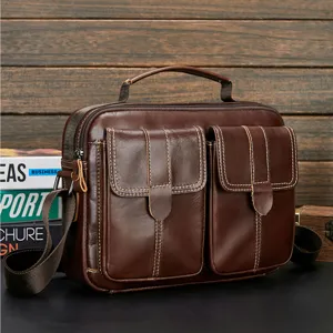 Genuine leather men's business casual messenger shoulder bag detail view showing pockets.