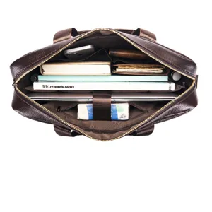 Top layer cowhide men's business briefcase interior detail view, large capacity laptop bag.