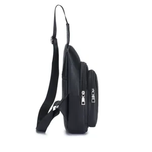 Men genuine leather chest bag side detail view black casual sling backpack daily use