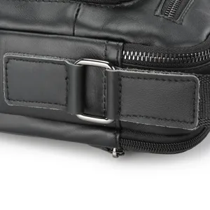 Close-up detail of genuine leather men shoulder bag strap hardware and zipper craftsmanship.