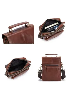 Detail view of men leather crossbody bag, showing handle, multi pockets and back structure.