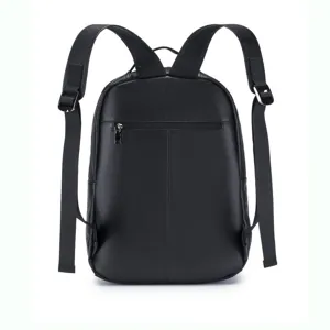 Black leather backpack for men, casual business laptop bag with adjustable straps.