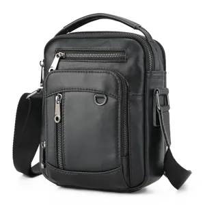 Black genuine leather men messenger bag detail view, multi-pocket zipper design for daily use.