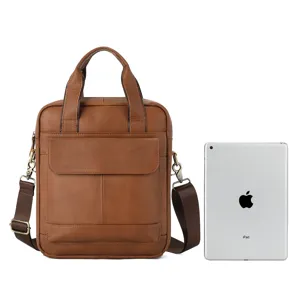 Genuine leather men messenger bag vintage brown casual shoulder bag with top handle for daily use.