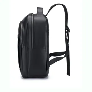 Side detail view of black leather men business backpack with multiple zippers and shoulder straps.