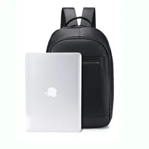 Detailed view of black genuine leather casual men's backpack with large capacity design.