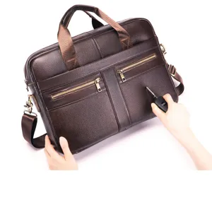 Genuine leather men business briefcase laptop shoulder bag brown professional office detail.
