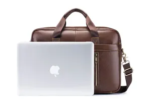 Detailed view of the premium brown leather men's business briefcase with laptop compatibility.