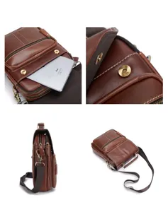 Detail view of brown leather men crossbody bag, featuring durable stitching and metal clasp.