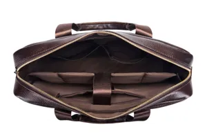 Men's genuine leather business briefcase interior detail showing spacious multi-compartment design.