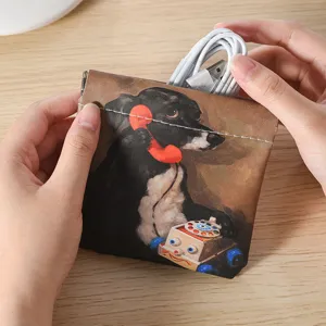 PU Leather Automatic Closing Storage Bag Retro Cute Animal Print Portable Lipstick Coin Pouch Earphone Cable Organizer