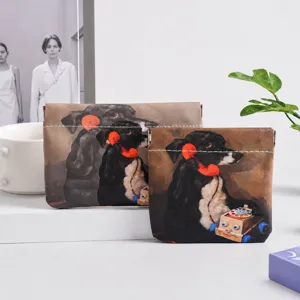Mini auto-closing PU leather storage bag coin purse with vintage dog print for daily use