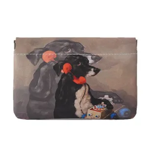 Mini retro dog print automatic closing storage pouch for coins, lipstick and data cables.