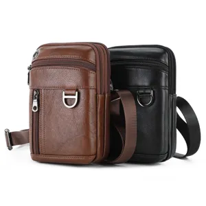 Gedetailleerd overzicht lederen telefoon heuptas heren, compact crossbody tas ontwerp.
