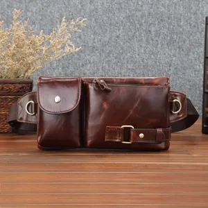 Sac banane vintage en cuir veritable pour homme, sac de poitrine multifonctionnel a poches.