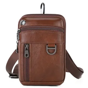 Heren bruin lederen crossbody telefoon tasje kleine schouder heuptas tas detail