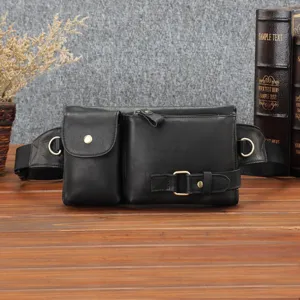 Vue détaillée du sac banane noir en cuir pour homme, sacoche multifonctionnelle style rétro.