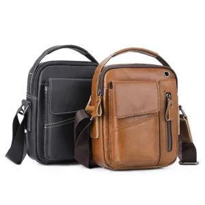 Men genuine leather shoulder bag, multi-pocket crossbody design with sturdy handle for daily use.