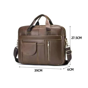 Men genuine leather business briefcase and messenger bag for men with handle and strap detail.