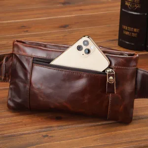 Sac banane vintage en cuir véritable pour homme, pochette de poitrine multifonctionnelle.