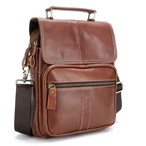 Men's brown genuine leather messenger bag with multiple zipper pockets and shoulder strap.