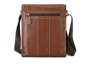 Detail view of vintage brown leather messenger bag featuring back zipper pocket and strap.