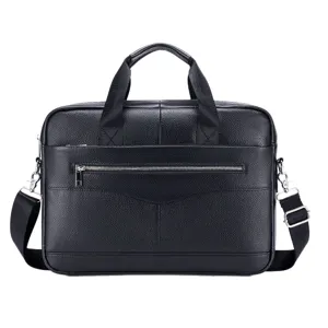Black leather business briefcase for men, large capacity, casual retro shoulder laptop bag.