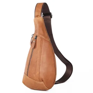 Men vintage leather sling bag casual chest crossbody daypack outdoor travel brown